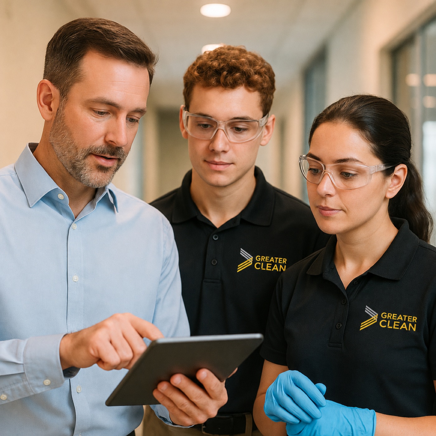 Greater Clean supervisor briefing technicians on a tablet