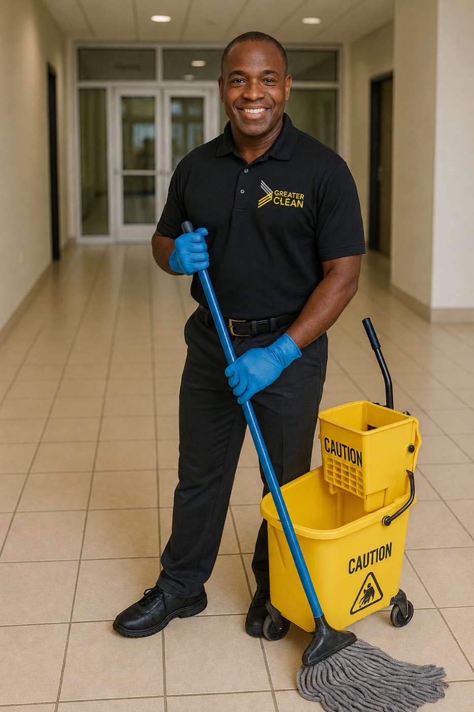 Greater Clean technician maintaining a corporate corridor