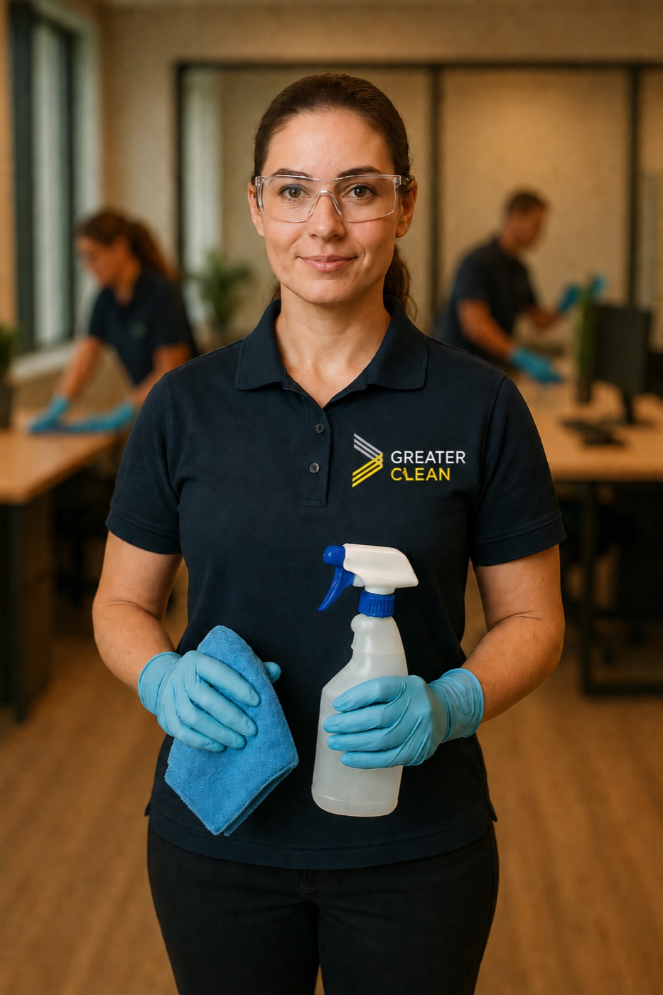 Greater Clean technician detailing a modern office